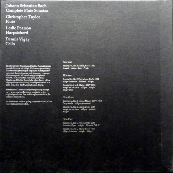 Christopher Taylor / Leslie Pearson / Dennis Vigay - Bach - Complete Flute Sonatas - Mint- 2 LP Record Box Set 1977 Gale Maximum Fidelity Recording UK/Germany Vinyl & Inserts - Classical