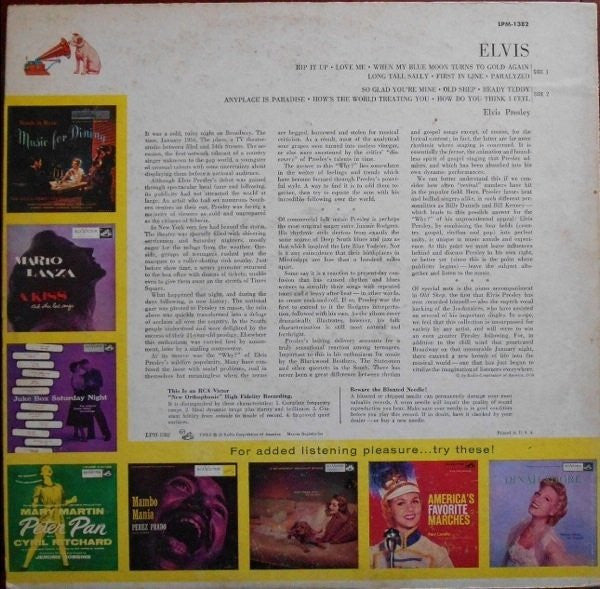 Elvis Presley - Elvis - VG LP Record 1956 RCA Victor USA Mono Original Vinyl & RARE Ad-back rear sleeve states "For added listening pleasure... try these!" in yellow - Rock & Roll / Pop Rock