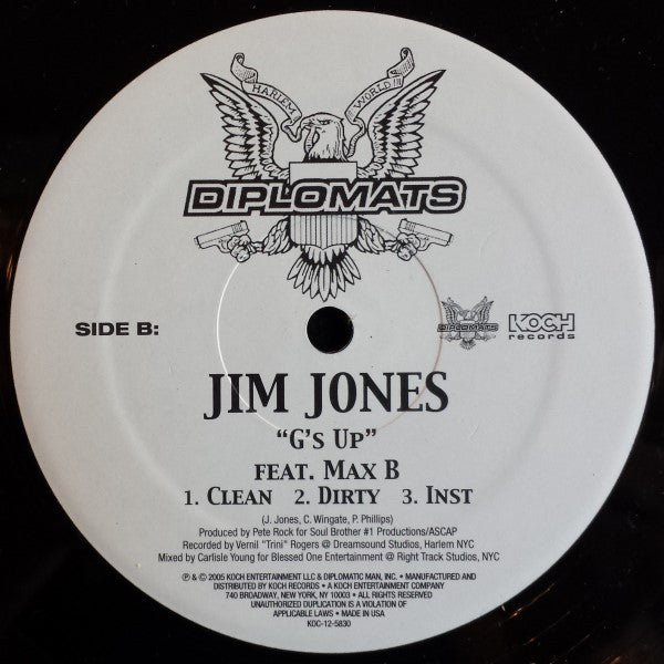 Jim Jones - What You Been Drankin On / G's Up - Mint- 12" Single Record 2005 Diplomats Koch USA Promo Vinyl - Hip Hop - Shuga Records