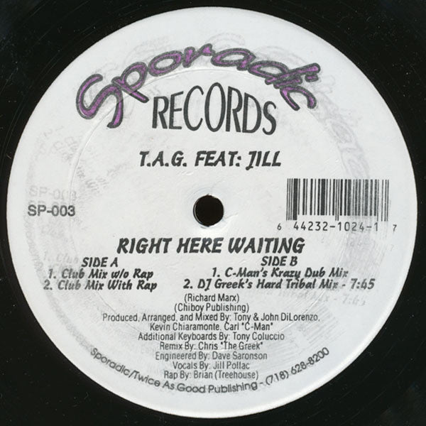 T.A.G. Featuring Jill - Right Here Waiting - New 12" Single Record USA Vinyl - House / Tribal House / Euro House