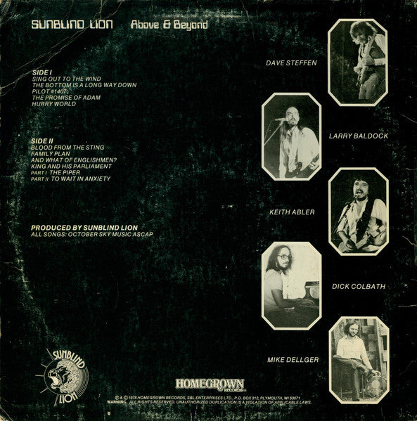 Sunblind Lion ‎– Above & Beyond - VG+ LP Record 1978 Homegrown USA Private Press Vinyl & Insert - Prog Rock / AOR