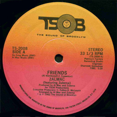 Zalmac Featuring Zulema - Friends - 12" Single Record 1982 TSOB USA Original Vinyl - Disco / Boogie