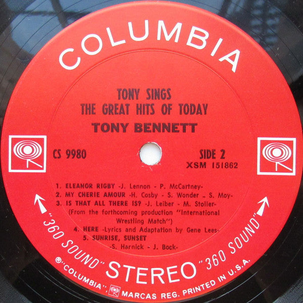 Tony Bennett - Tony Sings The Great Hits Of Today - Mint- LP Record 1969 Columbia USA Original Press 360 Vinyl - Jazz / Big Band / Vocal / Pop