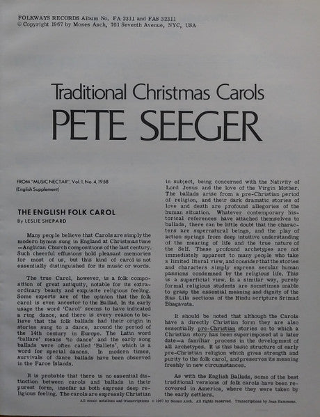 Pete Seeger - Traditional Christmas Carols - VG+ LP Record 1967 Folkways USA Original Vinyl & Booklet - Folk / Holiday - Shuga Records