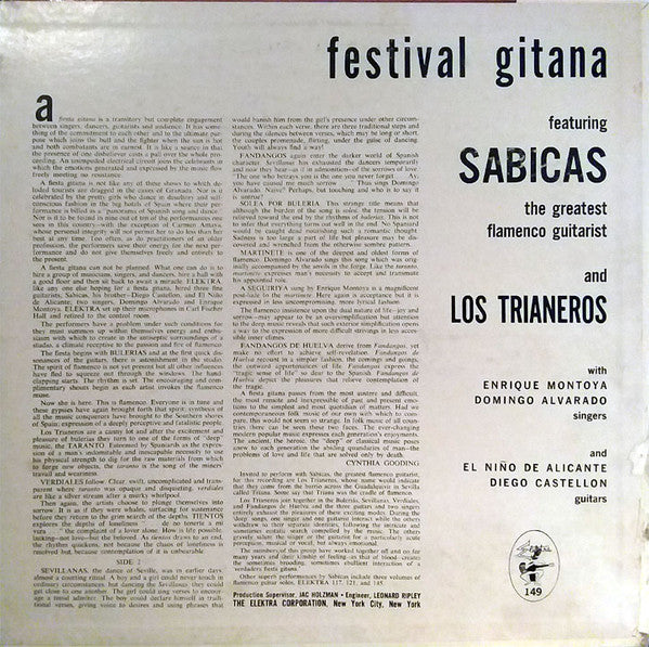 Sabicas - Festival Gitana - VG+ LP Record 1958 Elektra USA Original Vinyl - Latin / Flamenco