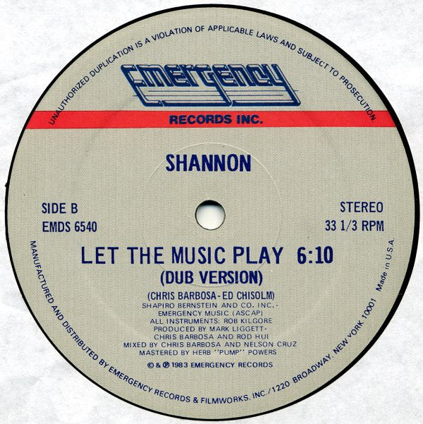 Shannon - Let The Music Play - VG+ 12" Single Record 1983 Emergency USA Vinyl - Electro / Freestyle - Shuga Records