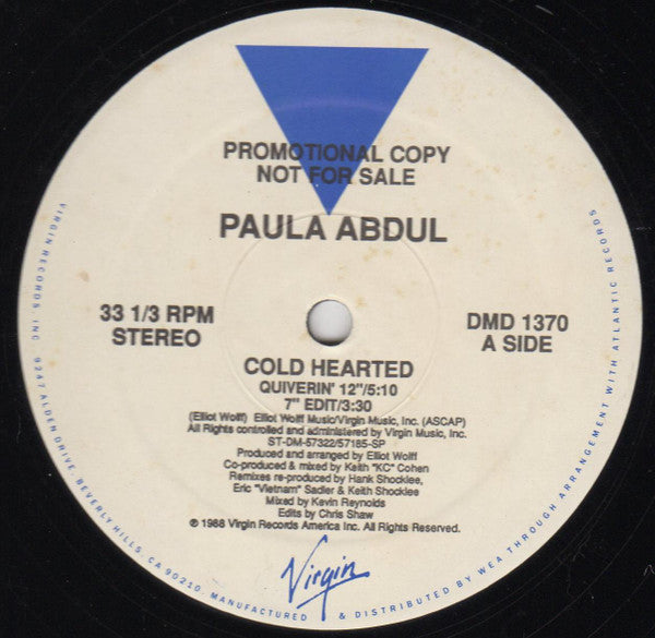 Paula Abdul - Cold Hearted - VG+ 12" Single Record 1988 Virgin USA Original Promo Vinyl - House / Synth-Pop - Shuga Records