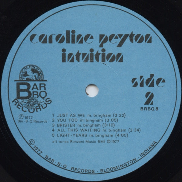 Caroline Peyton - Intuition - VG+ LP Record 1977 Bar-B-Q USA Private Indiana Vinyl - Soul-Jazz / Disco / Funk / Bossa Nova