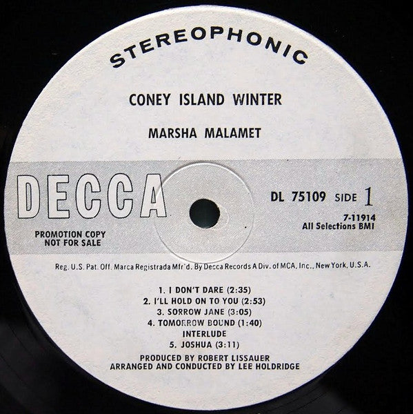 Marsha Malamet - Coney Island Winter - Mint- LP Record 1969 Decca USA Promo Vinyl - Folk Rock / Soft Rock / Folk