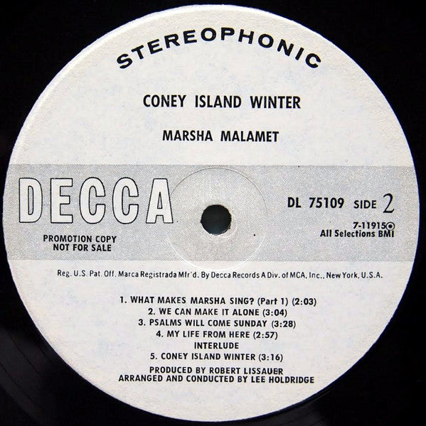 Marsha Malamet - Coney Island Winter - Mint- LP Record 1969 Decca USA Promo Vinyl - Folk Rock / Soft Rock / Folk