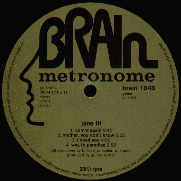 Jane - III - VG LP Record 1974 Brain Metronome Germany Vinyl Original - Krautrock / Prog Rock