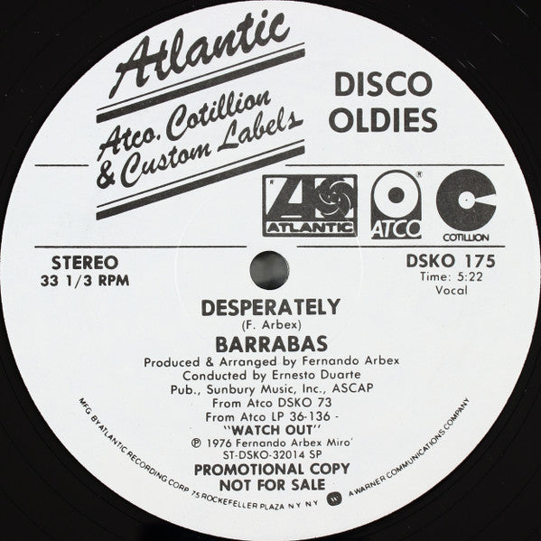 Barrabas - Desperately / Mellow Blow - Mint- 12" Single Record 1979 Atlantic ATCO Cotillion Promo Vinyl - Disco / Funk - Shuga Records