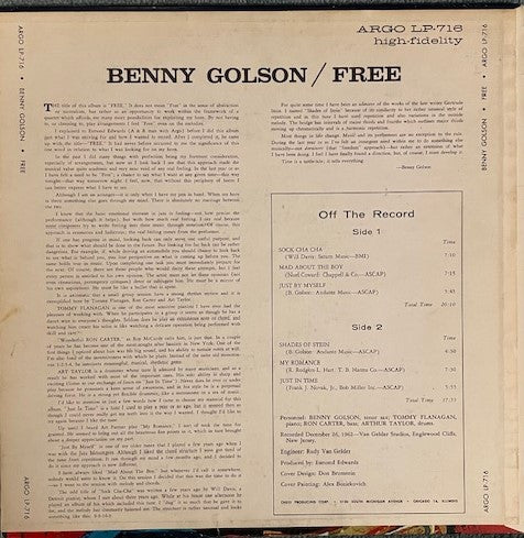 Benny Golson Quartet – Free - VG+ LP Record 1963 Argo Mono USA Original Vinyl - Jazz / Hard Bop