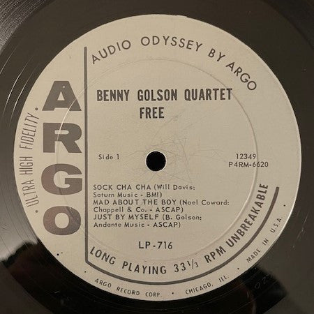 Benny Golson Quartet – Free - VG+ LP Record 1963 Argo Mono USA Original Vinyl - Jazz / Hard Bop