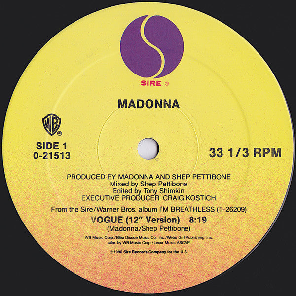 Madonna - Vogue - VG+ 12" Single Record 1980 Sire Warner USA Original Vinyl - Pop / Synth-pop - Shuga Records