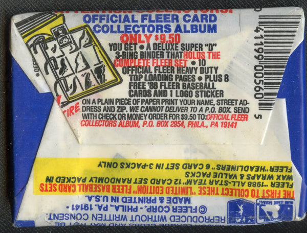 (1) One Pack - New Sealed 1988 FLEER MLB Baseball Trading Card Pack - 15 Cards + Sticker