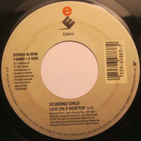 Desmond Child ‎– Love On A Rooftop / Ray Of Hope - Mint- 45rpm 1991 USA - Pop Vocal - Shuga Records