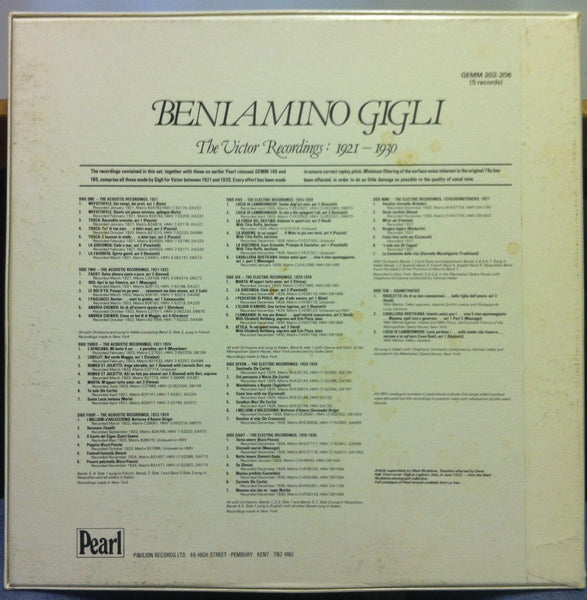 5 LP BENIAMINO GIGLI victor recordings 1921-1930 LP Mint- GEMM 202-06 UK 1980 - Shuga Records