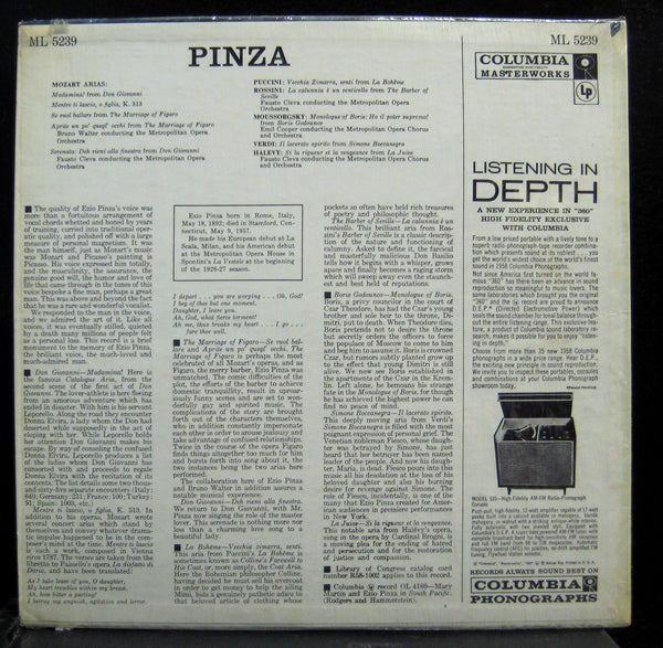 EZIO PINZA pinza LP VG+ ML 5239 Mono 360 Masterworks Vinyl 1958 Record - Shuga Records