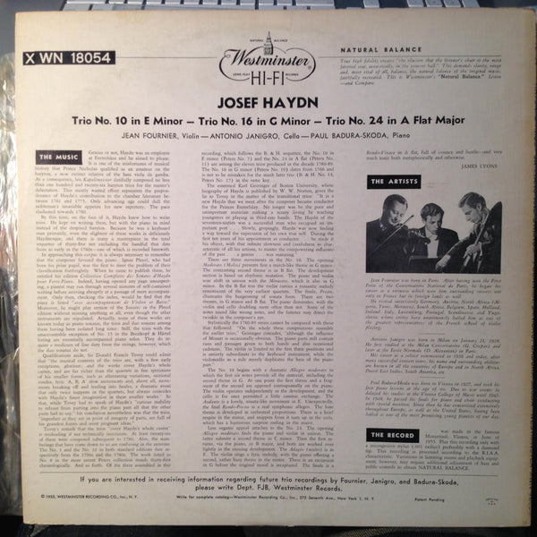 Fournier / Janigro / Skoda - Haydn Trio 10,16,24 LP VG+ XWN 18054 Westminster - Shuga Records