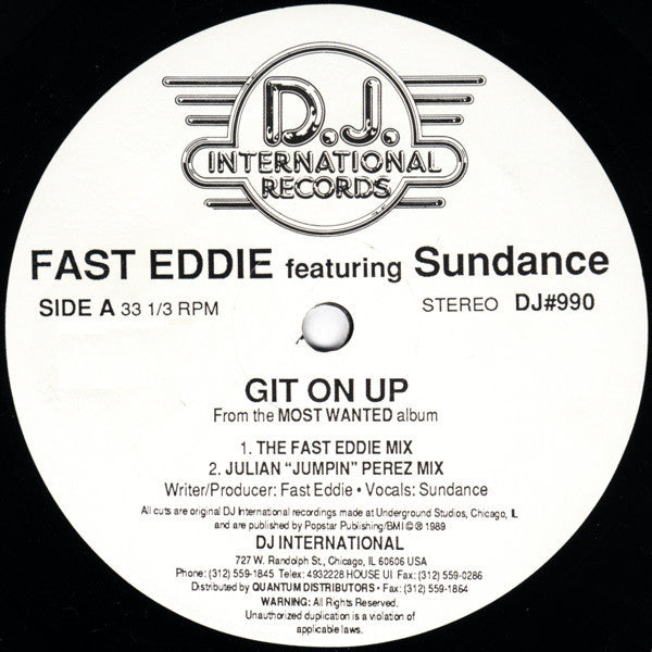 Fast Eddie Featuring Sundance – Git On Up - VG+ 12" Single USA 1989 - Chicago House