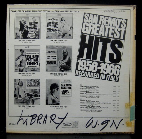 San Remo's Greatest Hits 1958-1966 LP Mint- Epic Mono LF 18047 WLP Promo USA - Shuga Records