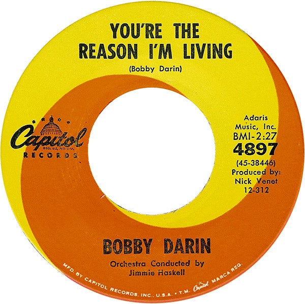 Bobby Darin- You're The Reason I'm Living / Now You're Gone- VG+ 7" Si–  Shuga Records