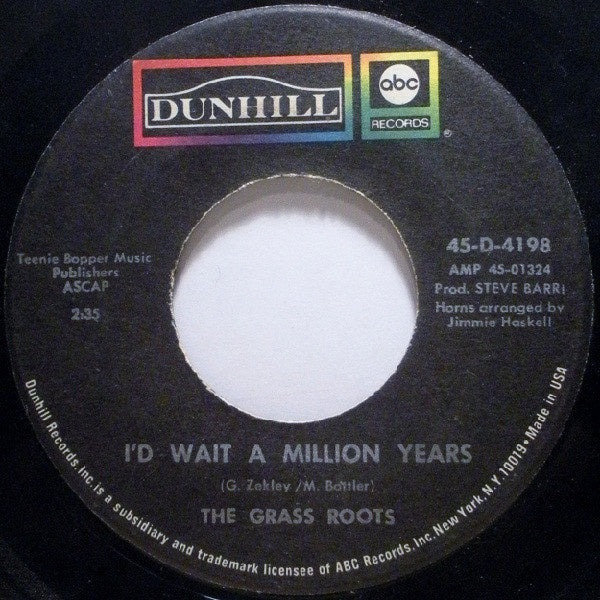 The Grass Roots ‎– I'd Wait A Million Years / Fly Me To Havana - VG+ 45rpm ABC/Dunhill 1969 - Rock - Shuga Records