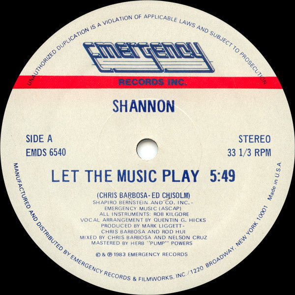 Shannon - Let The Music Play - VG+ 12" Single Record 1983 Emergency USA Vinyl - Electro / Freestyle - Shuga Records