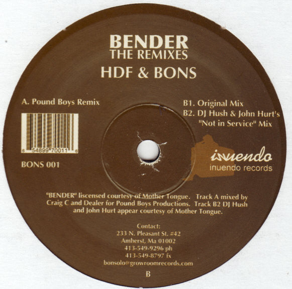 HDF & Bons - Bender (The Remixes) - New 12" Single Record 2003 Inuendo Dust Traxx Vinyl - Chicago House / Tech House - Shuga Records