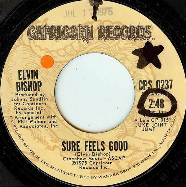 Elvin Bishop ‎– Sure Feels Good / Arkansas Line - VG+ 7" Single 45rpm 1975 Capricorn USA - Rock - Shuga Records