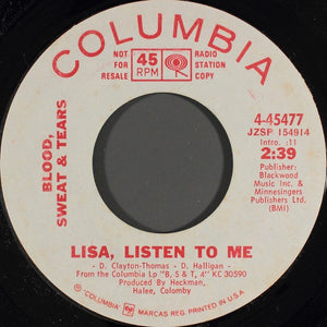 Blood, Sweat, and Tears ‎– Lisa, Listen To Me / Cowboys And Indians - VG+ 7" Promo Single 45rpm 1971 Columbia uSA - Fusion / Jazz-Rock - Shuga Records