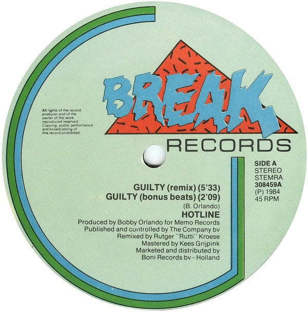 Hotline ‎– Guilty (Special Remix By Rutger "Rutti" Kroese) - VG+ 12" Single 1984 Netherlands Import - Hi NRG / Italo Disco - Shuga Records