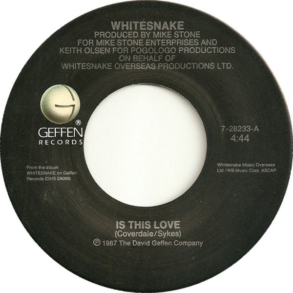 Whitesnake - Is This Love / Bad Boys - VG+ 7" Single 45RPM 1987 Geffen Records USA - Rock