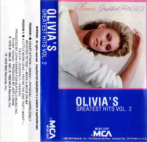Olivia Newton-John u200e– Olivia's Greatest Hits Vol. 2 - Used Cassette 1982  MCA Records USA - Synth-Pop / Rock