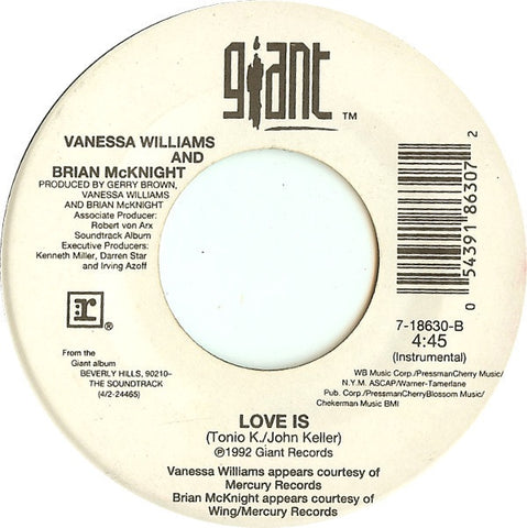 Vanessa Williams And Brian McKnight ‎– Love Is - Mint- 45rpm 1992 USA - Hip Hop / Pop - Shuga Records