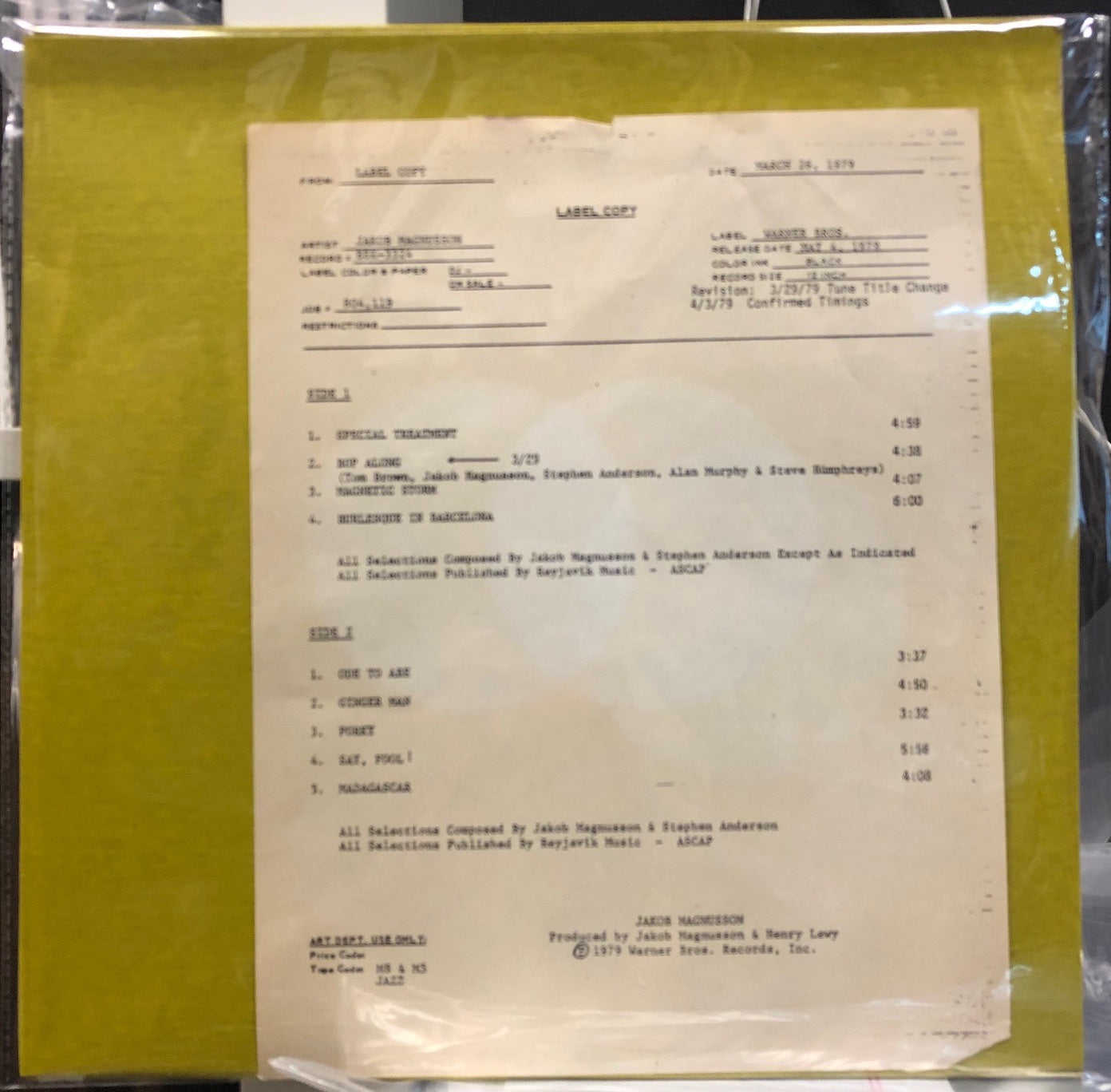 Jakob Magnusson – Special Treatment - VG+ LP Record 1979 Warner USA Test Pressing Promo Vinyl & Sheet - Iceland Jazz / Fusion - Shuga Records