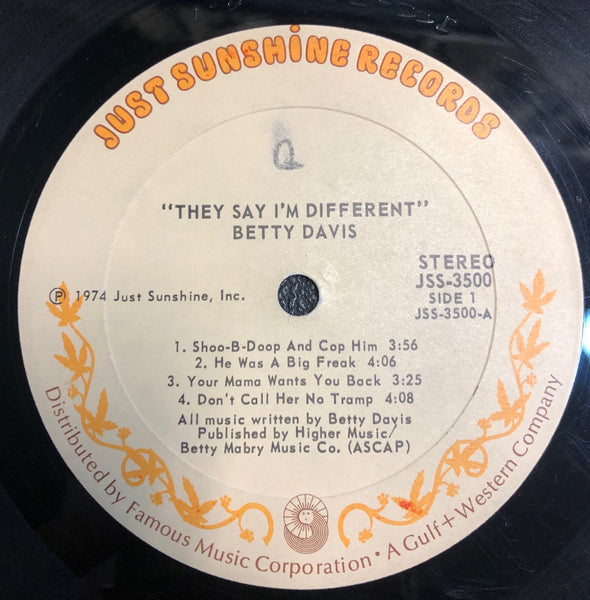 Betty Davis – They Say I'm Different - VG- (lower grade Plays VG) LP Record 1974 Just Sunshine Original Vinyl - Soul / Funk / Blues Rock