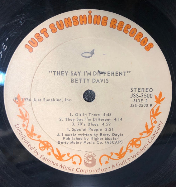 Betty Davis – They Say I'm Different - VG- (lower grade Plays VG) LP Record 1974 Just Sunshine Original Vinyl - Soul / Funk / Blues Rock