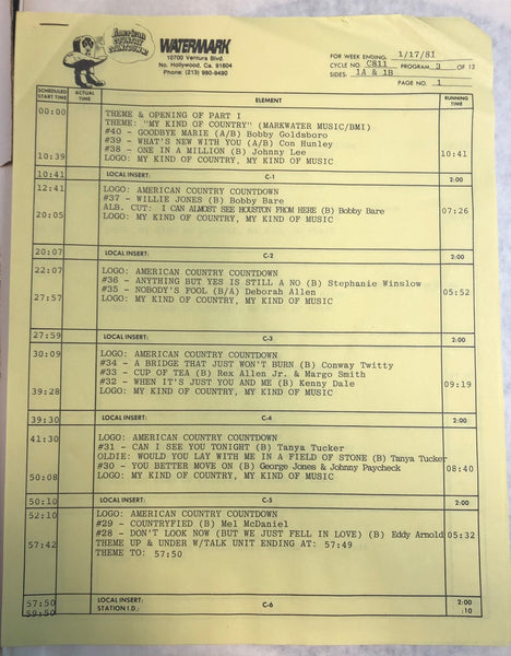 Various – American Country Countdown 01/17/81 - VG+ 3 LP Record Box Set 1981 Watermark USA Transcription Vinyl & Cue Sheets - Country / Radioplay