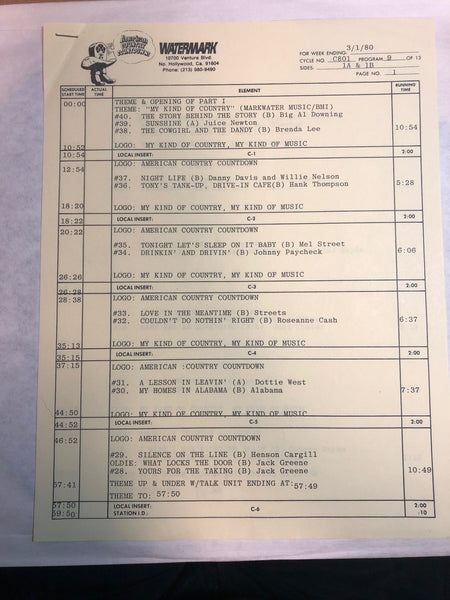 Various – American Country Countdown 3/1/80 - VG+ 3 LP Record Box Set 1980 Watermark USA Transcription Vinyl & Cue Sheets - Country / Radioplay