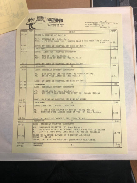 Various – American Country Countdown 3/1/80 - VG+ 3 LP Record Box Set 1980 Watermark USA Transcription Vinyl & Cue Sheets - Country / Radioplay