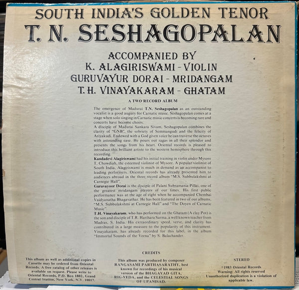 T.N. Seshagopalan – South India's Golden Tenor - VG+ 2 LP Record 1983 Oriental USA Vinyl - World / Carnatic / Indian Classical