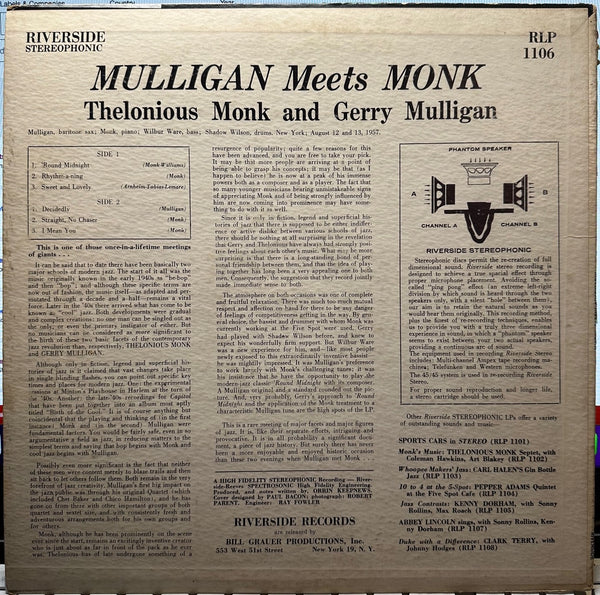 Thelonious Monk And Gerry Mulligan – Mulligan Meets Monk (1957) - VG+ LP Record 1959 Riverside Stereo USA Vinyl (Rare cover/label Variation) - Jazz / Bop / Cool Jazz