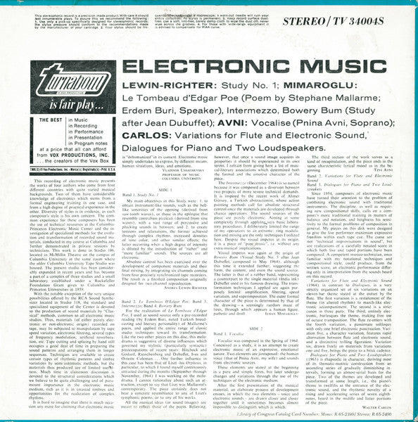 Various – Electronic Music - Mint- LP Record 1965 Turnabout USA Vinyl - Electronic / Experimental / Modern Classical - Shuga Records