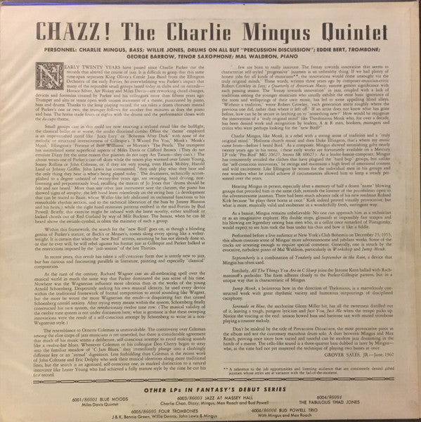 The Charlie Mingus Quintet – Chazz! (1956) - VG+ LP Record 1962 Fantasy USA Stereo Vinyl - Jazz / Hard Bop / Cool Jazz