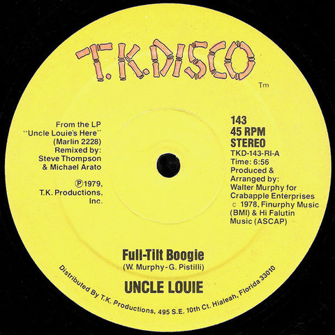 Uncle Louie ‎– Full-Tilt Boogie / Sky High - VG+ 12" Single Record 1979 T.K. Disco USA - Disco - Shuga Records