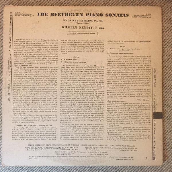 Wilhelm Kempff ‎– The Beethoven Piano Sonatas: Sonata No. 29 In B Flat Major, Op. 106, Hammer-Klavier - VG+ Lp Record 1951 Decca USA Mono Vinyl - Classical