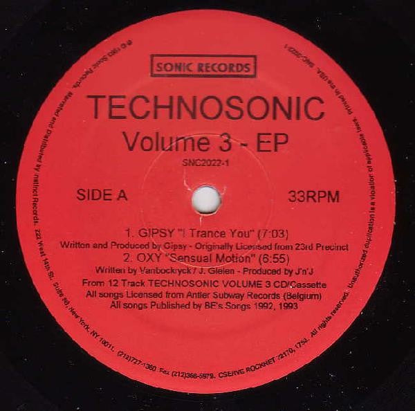 Various – Technosonic Volume 3 - EP - VG+ EP Record 1993 Sonic USA Vinyl - Trance / Techno