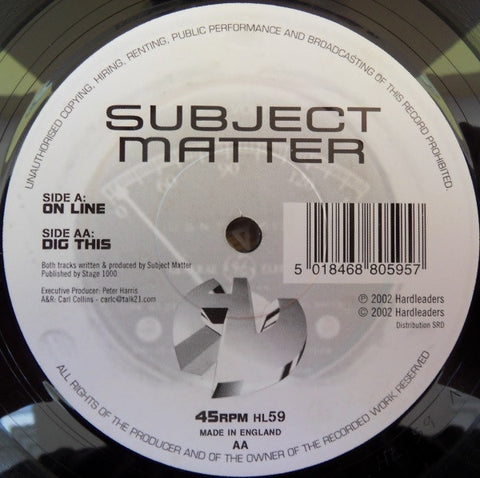 Subject Matter – Online / Dig This - New 12" Single Record 2002 Hardleaders UK Vinyl - Drum n Bass - Shuga Records